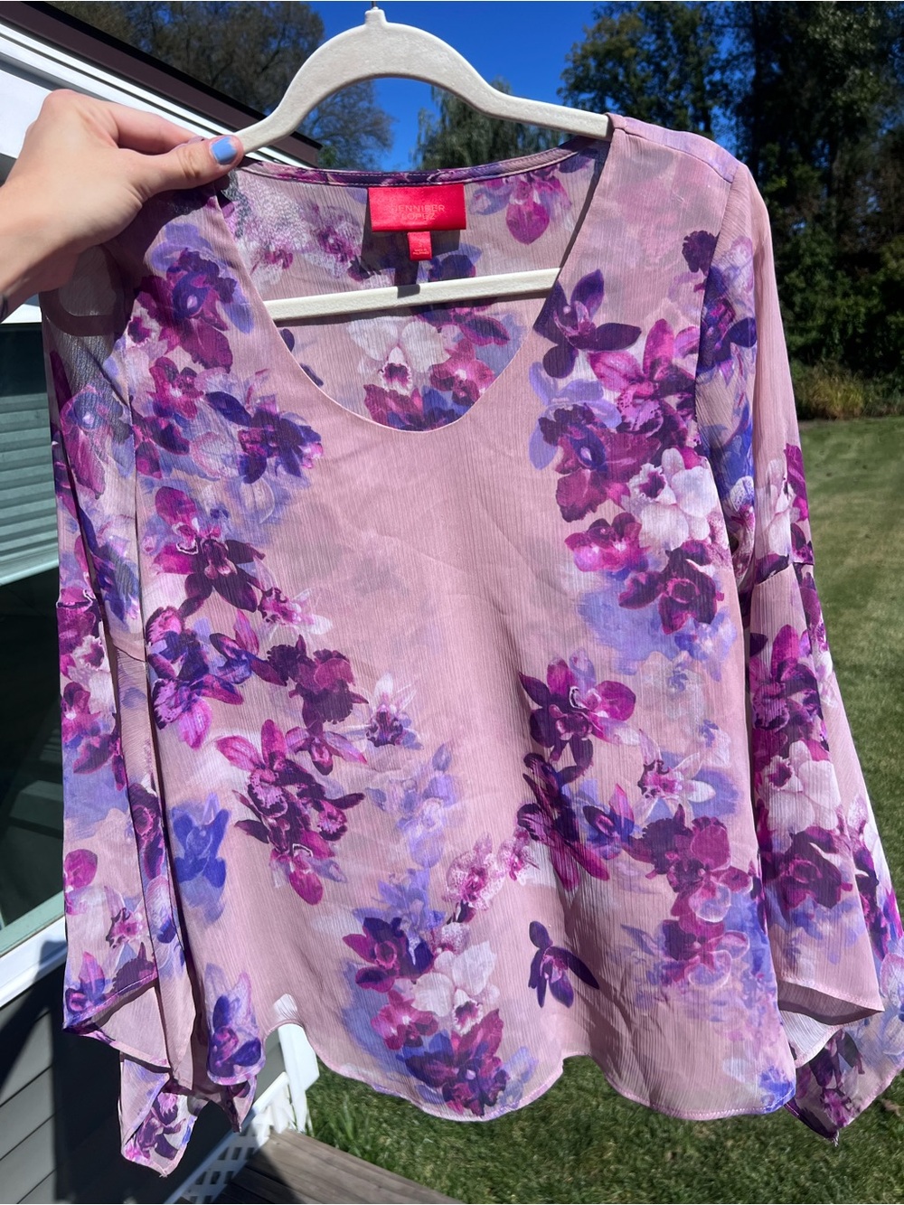 Jennifer Lopez Floral Sheer Bell Sleeve Blouse Small
